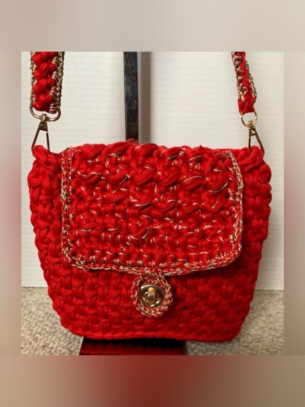 Crochet Bag Gold & Red Crossbody Purse Hand Made Crochet with Adjustable Strap